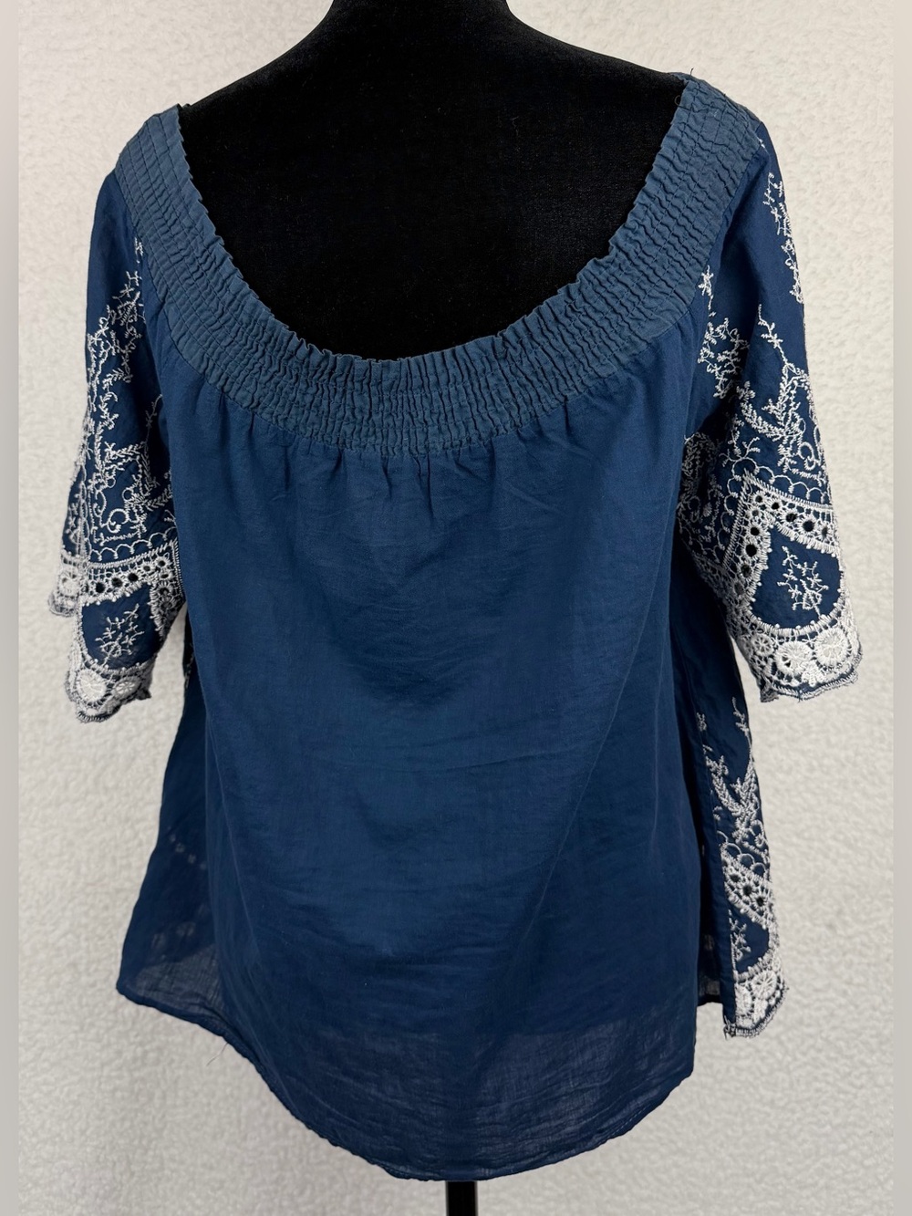 Navy Blue/White Embroidered Boho Smocked-Neck Peasant Blouse, M - Picture 7 of 10